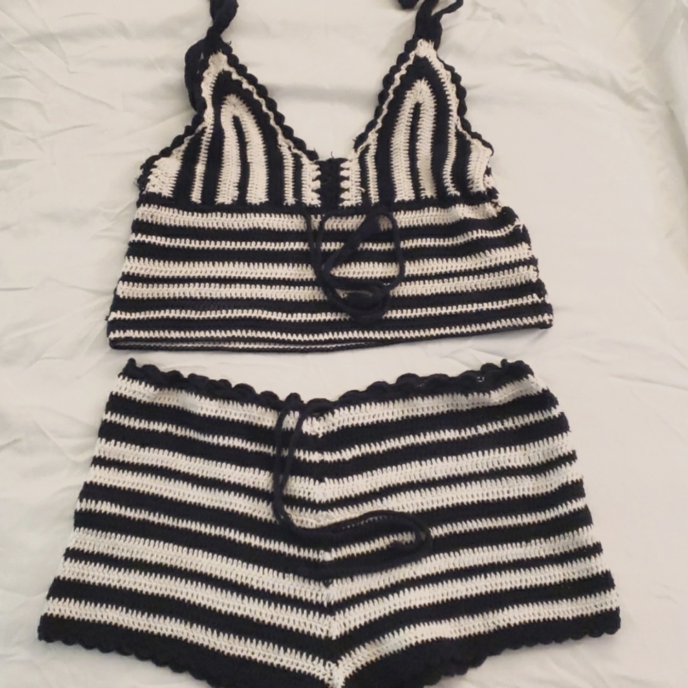 Two piece black and white crochet short set